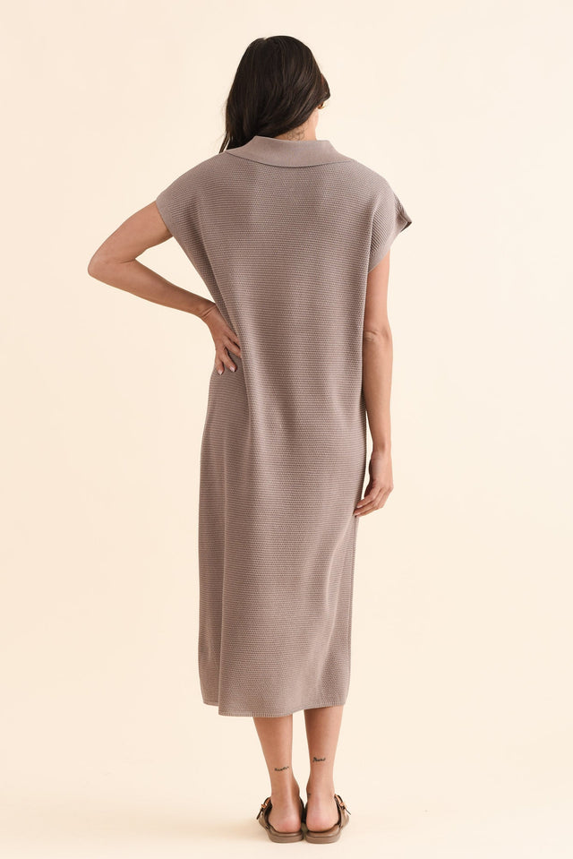 Santaz Taupe Collared Tie Dress,Back,Brunette model,alt text|model:Brontie image 4