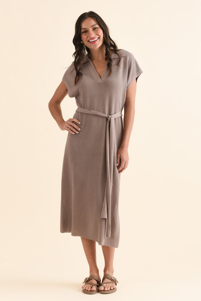 Santaz Taupe Collared Tie Dress,Full Body,Brunette model,alt text|model:Brontie image 2