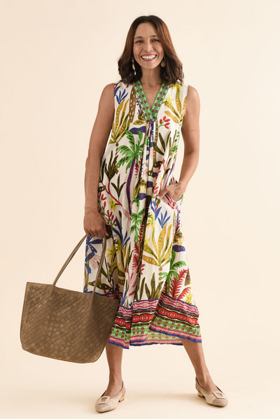 Sarai Blue Tropical Organic Cotton Sleeveless Dress