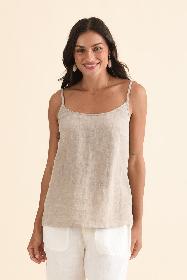 Sarina Natural Linen Cami,Front,Brunette model,alt text|model:Brontie