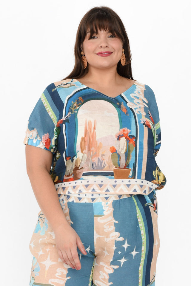Sayuri Blue Cactus Linen Top,Brunette model,plus-size,curve-tops,plus-size-linen-tops,alt text|model:Gabby