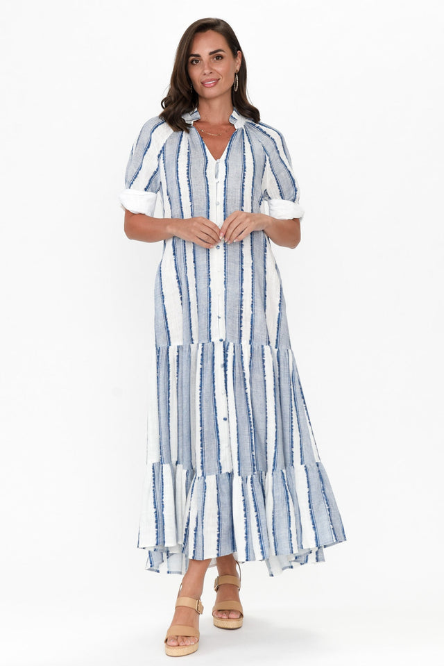 Scala Blue Stripe Linen Blend Dress,Brunette model,alt text|model:MJ