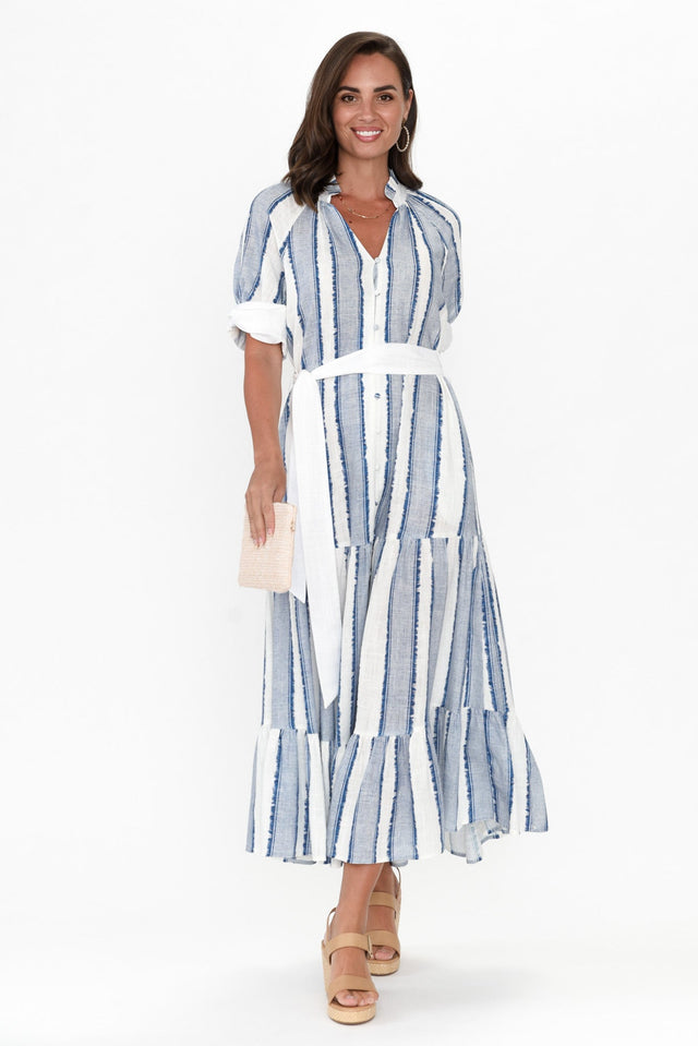 Scala Blue Stripe Linen Blend Dress,Brunette model,alt text|model:MJ