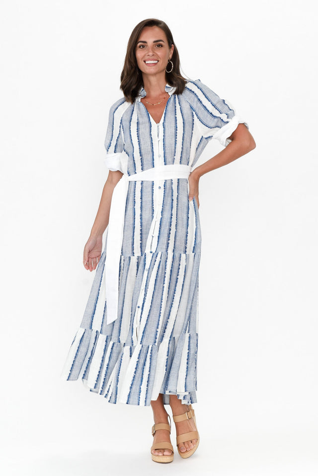 Scala Blue Stripe Linen Blend Dress,Brunette model,alt text|model:MJ image 6