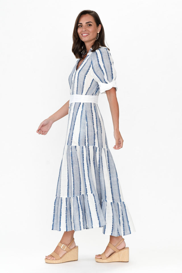 Scala Blue Stripe Linen Blend Dress,Brunette model,alt text|model:MJ image 3