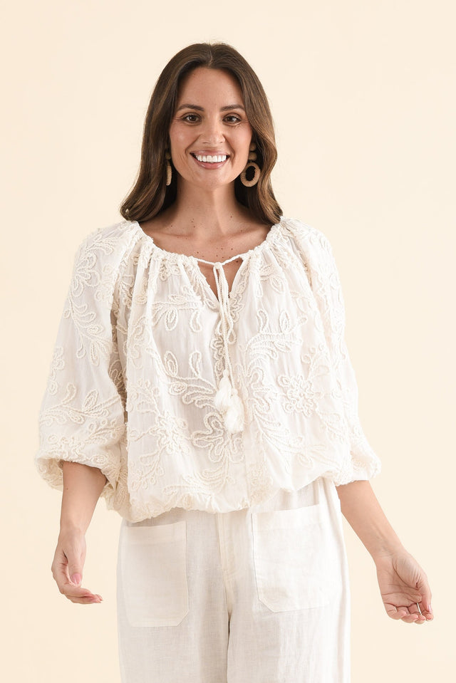 Seaside Cream Cotton Top,Front,Brunette model,alt text|model:MJ