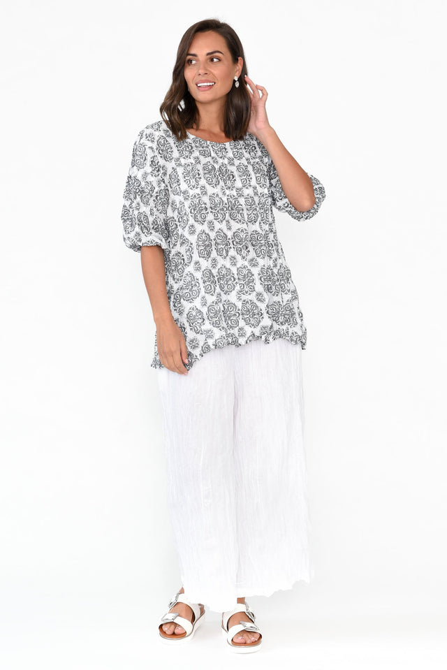 Costello White Crinkle Cotton Pants,Brunette model,alt text|model:MJ image 2
