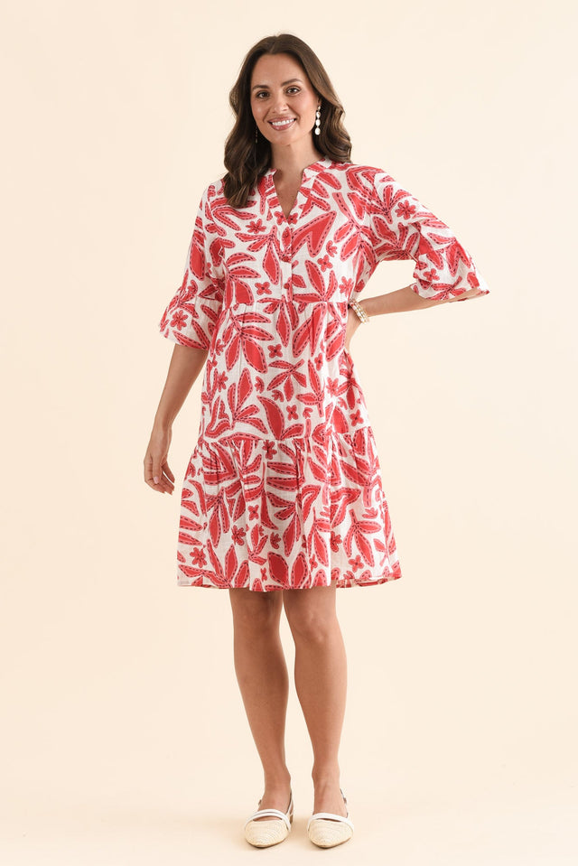 Senna Red Leaf Cotton Dress,Front,Brunette model,alt text|model:MJ