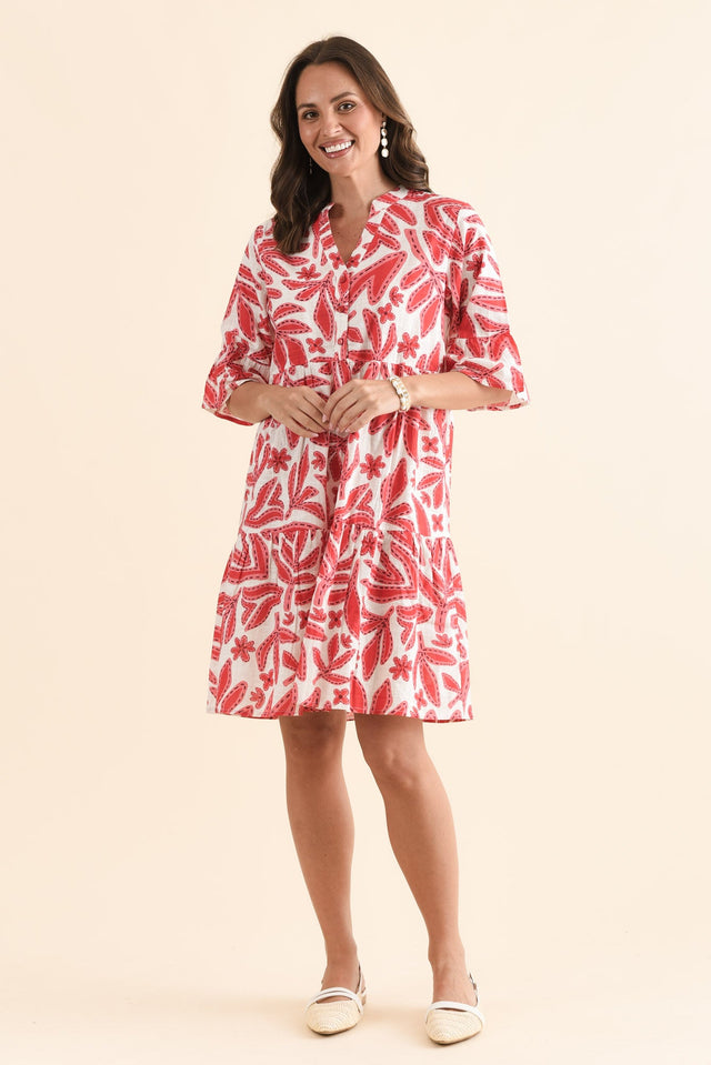 Senna Red Leaf Cotton Dress,Full Body,Brunette model,alt text|model:MJ