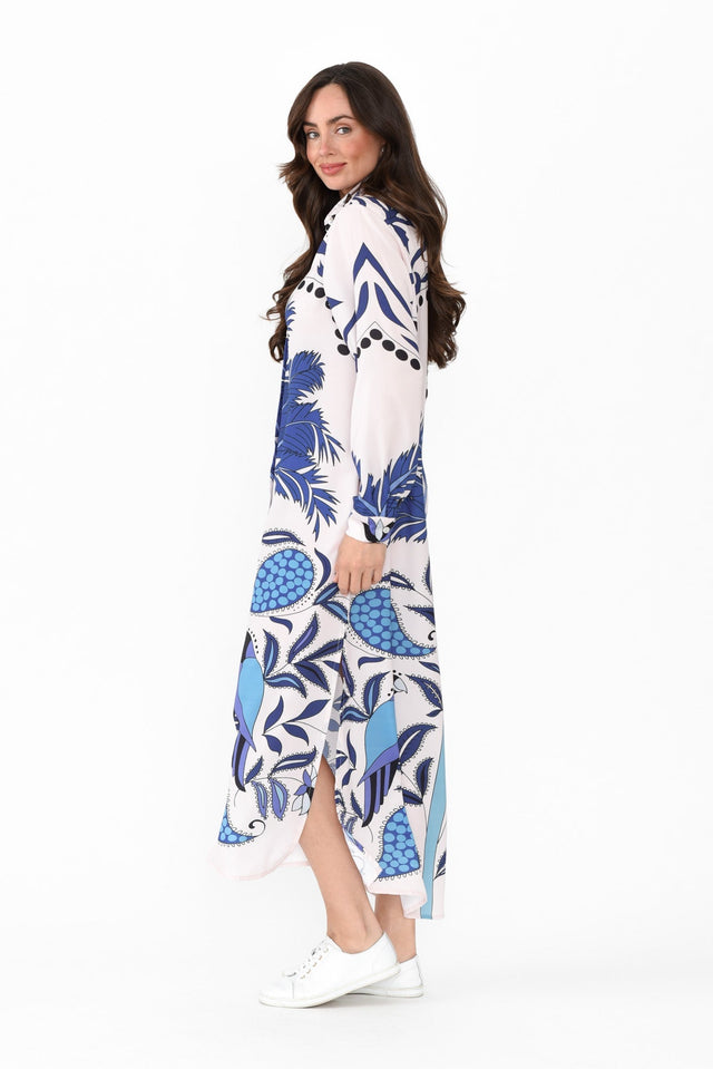 Shayli Blue Tropical Shirt Dress,Brunette model,alt text|model:Elouise image 4