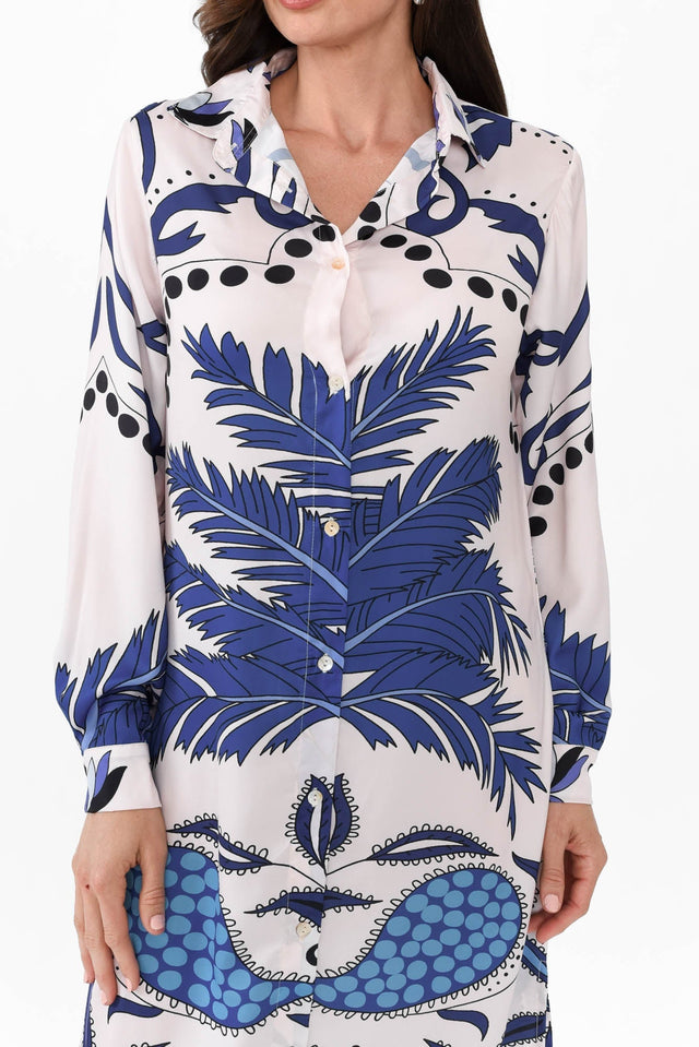 Shayli Blue Tropical Shirt Dress,Brunette model,alt text|model:Elouise image 6