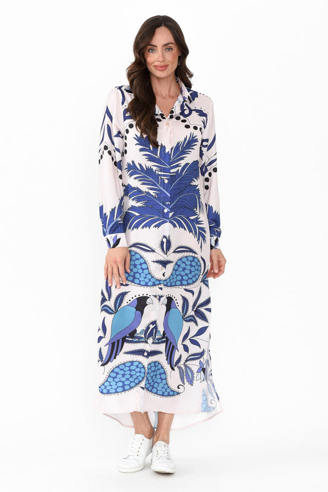 Shayli Blue Tropical Shirt Dress,Brunette model,alt text|model:Elouise image 7