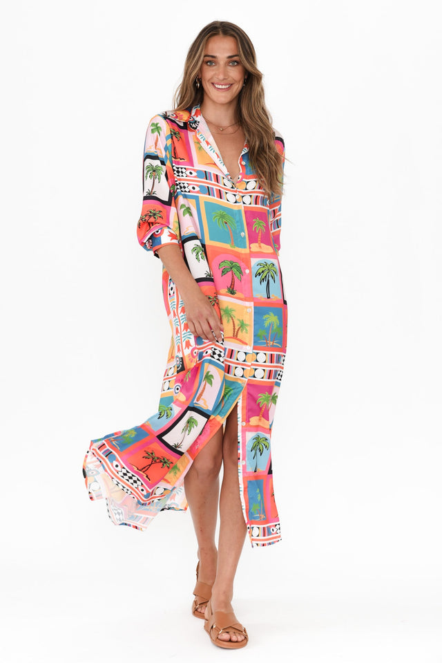 Shayli Pink Tropical Shirt Dress,Brunette model,alt text|model:Johanna image 4