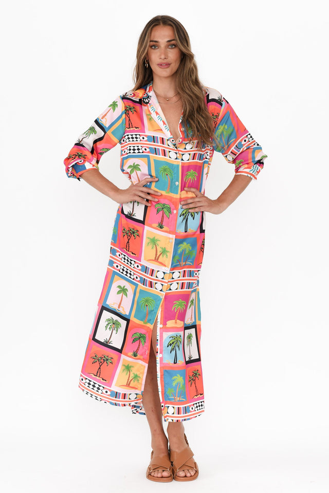 Shayli Pink Tropical Shirt Dress,Brunette model,alt text|model:Johanna