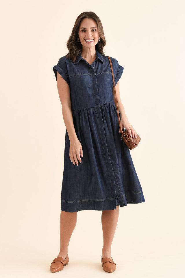 Sidra Dark Blue Denim Pocket Dress,Front,Brunette model,alt text|model:MJ image 1