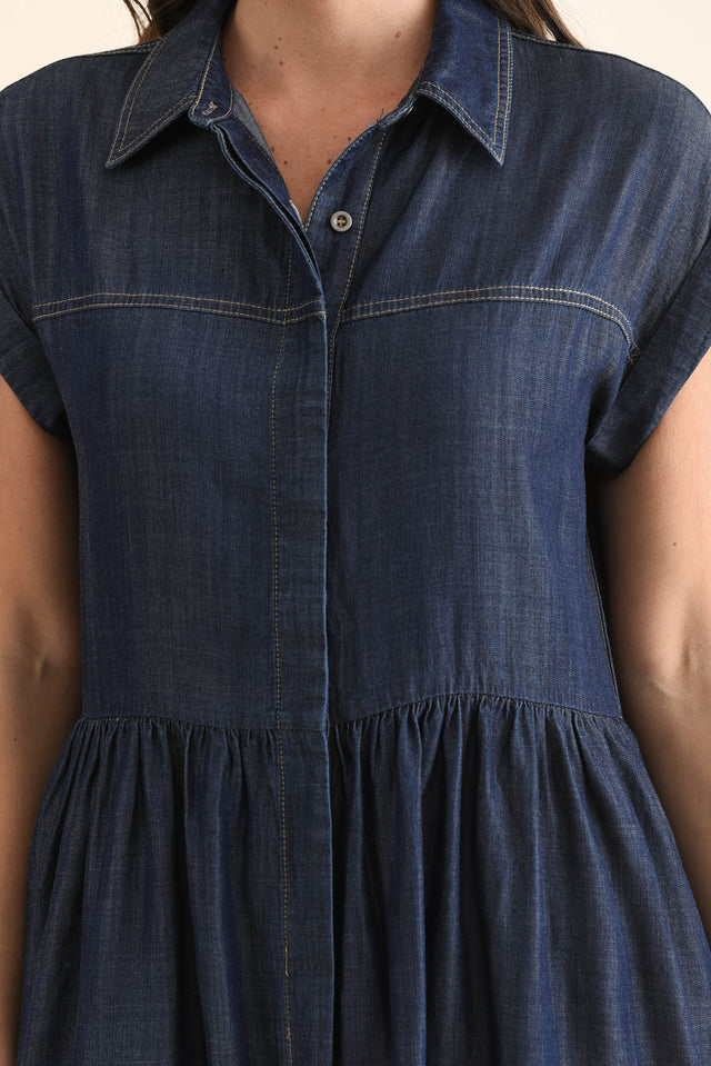 Sidra Dark Blue Denim Pocket Dress,Detail,Brunette model,alt text|model:MJ image 5