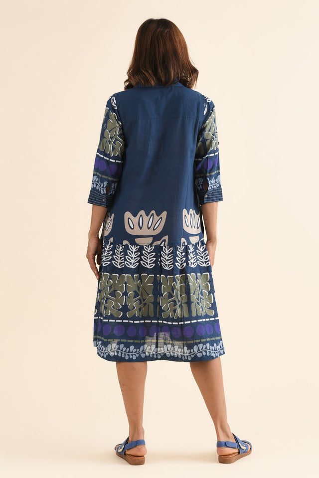 Sigrid Navy Motif Organic Cotton Tie Dress,Back,Brunette model,alt text|model:Cara image 4