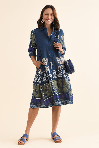 Sigrid Navy Motif Organic Cotton Tie Dress