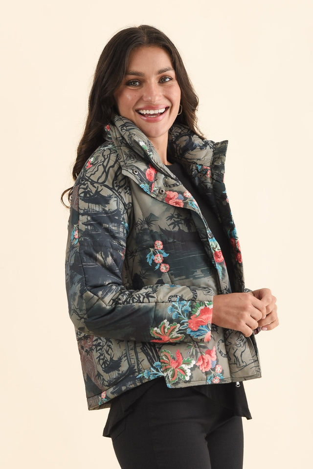 Simona Pink Flower Puffer Jacket,Brunette model,alt text|model:Brontie image 4