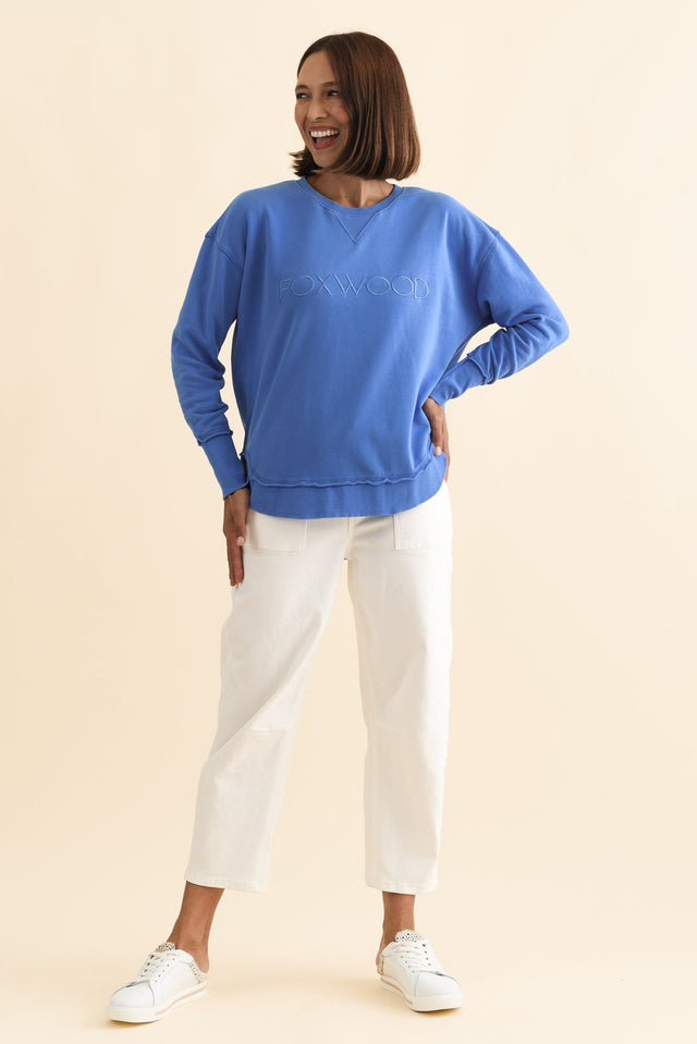 Simplified Cobalt Cotton Crewneck Sweatshirt,Brunette model,alt text|model:Cara image 4
