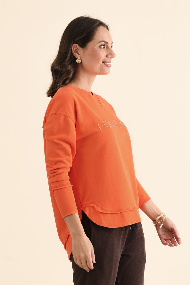 Simplified Orange Cotton Crewneck Sweatshirt,brunette model,Side of Outfit,alt text|model:MJ image 3