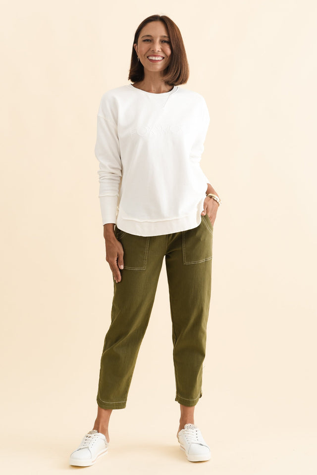 Simplified White Cotton Crewneck Sweatshirt,Brunette model,alt text|model:Cara image 5