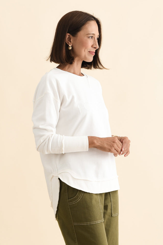 Simplified White Cotton Crewneck Sweatshirt,Brunette model,alt text|model:Cara image 6