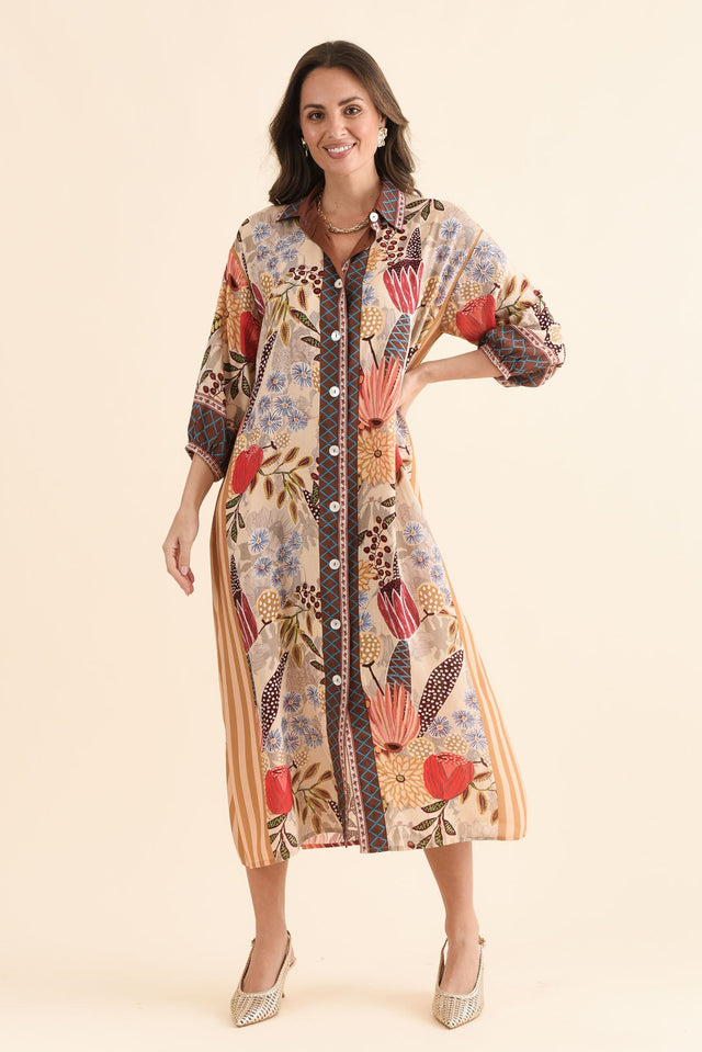 Sira Orange Garden Shirt Dress,Front,Brunette model,alt text|model:MJ image 1