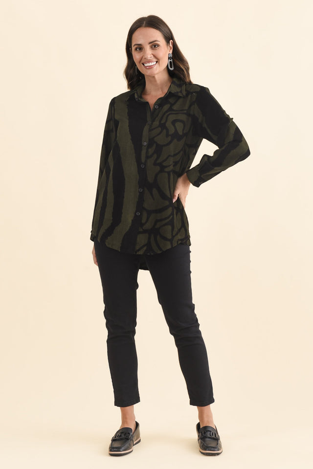 Sirah Olive Stripe Cotton Shirt,Brunette model,alt text|model:MJ image 7