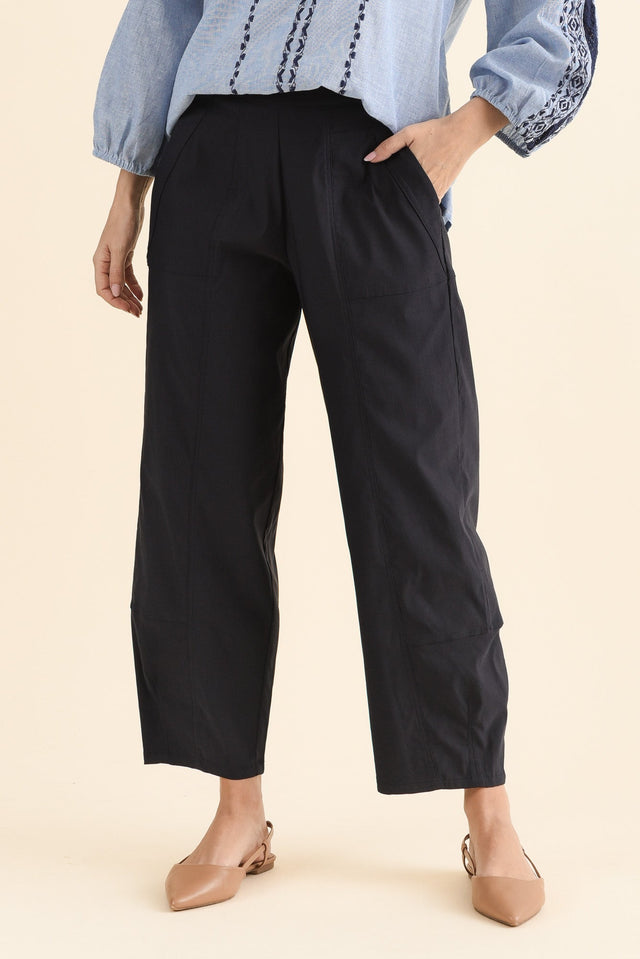 SmartFlex Navy Barrel Pants,Front,Brunette model,alt text|model:MJ image 1