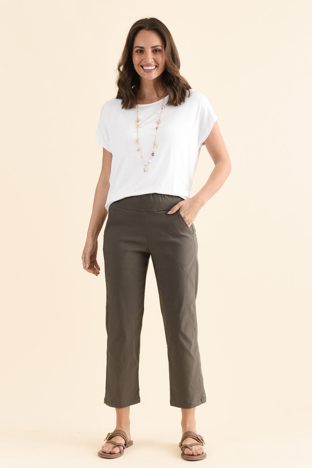 SmartFlex Olive Straight Leg Pants,Full Body,Brunette model,alt text|model:MJ