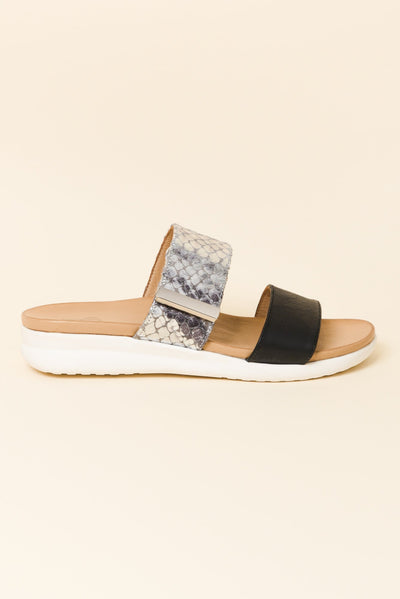 Snap Black Snake Leather Velcro Slide