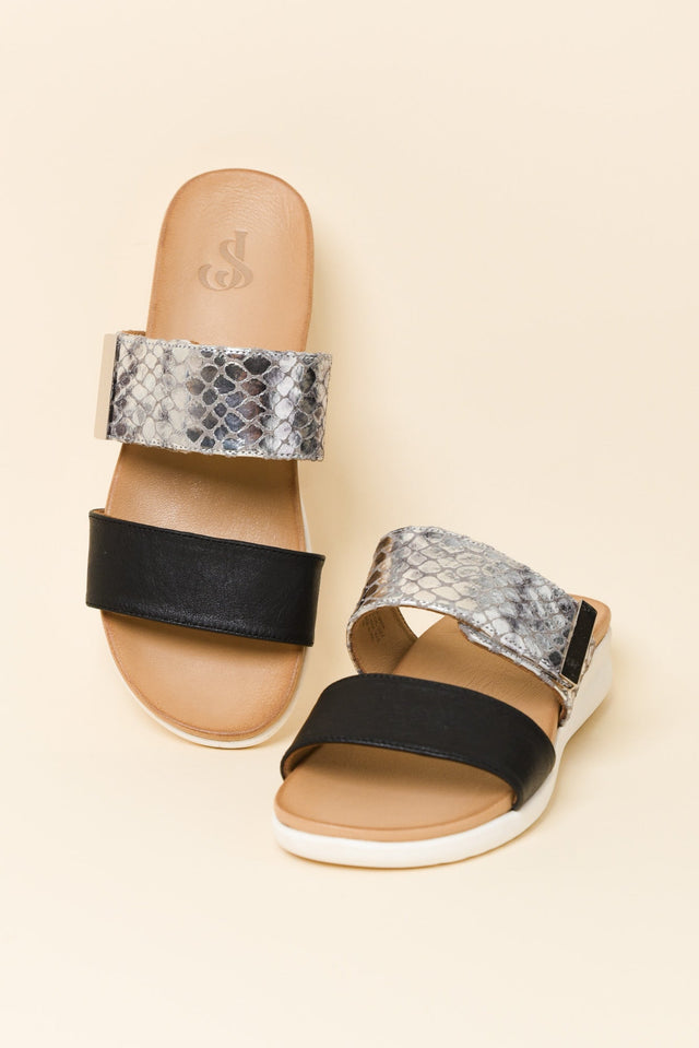 Snap Black Snake Leather Velcro Slide