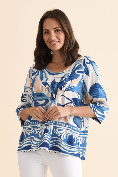 Solis Blue Abstract Cotton Blend Top