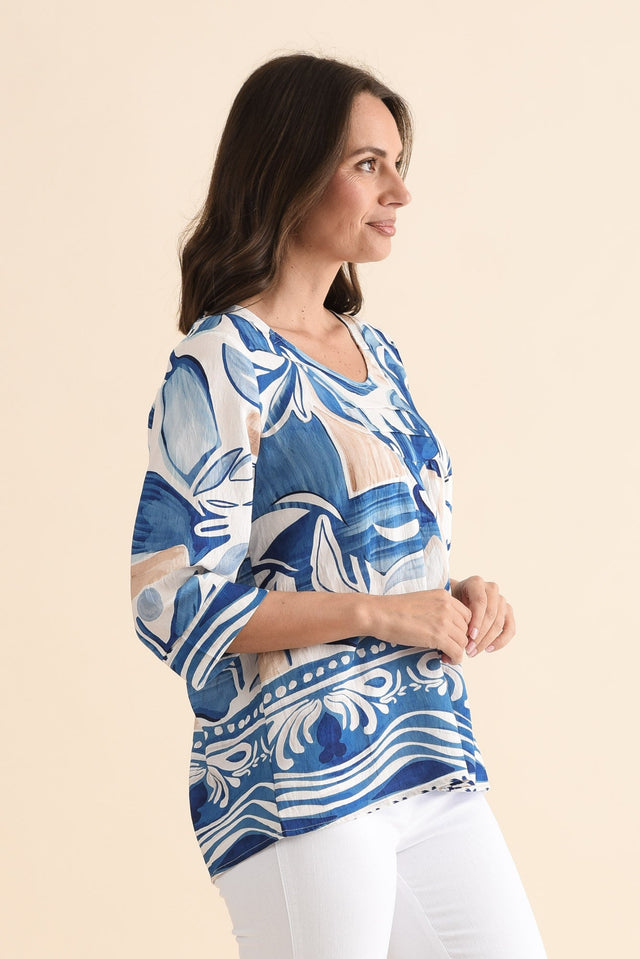 Solis Blue Abstract Cotton Blend Top,Side,Brunette model,alt text|model:MJ image 3