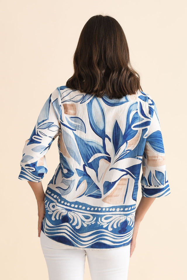 Solis Blue Abstract Cotton Blend Top,Back,Brunette model,alt text|model:MJ image 4