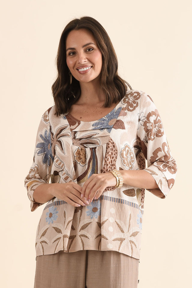 Solis Brown Jungle Cotton Blend Top,Front,Brunette model,alt text|model:MJ image 1