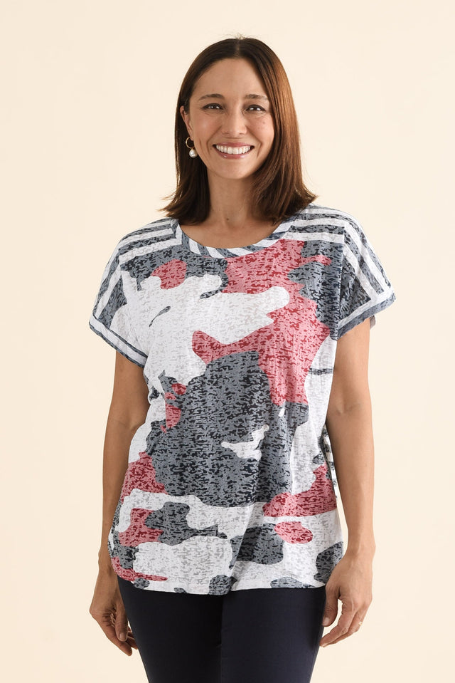 Sorelle Navy Abstract Cotton Blend Tee,Front,Brunette model,alt text|model:Cara