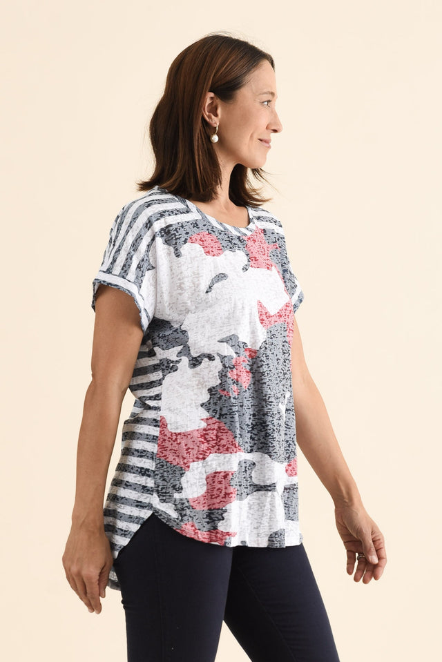 Sorelle Navy Abstract Cotton Blend Tee,brunette model,Side of Outfit,alt text|model:Cara image 3