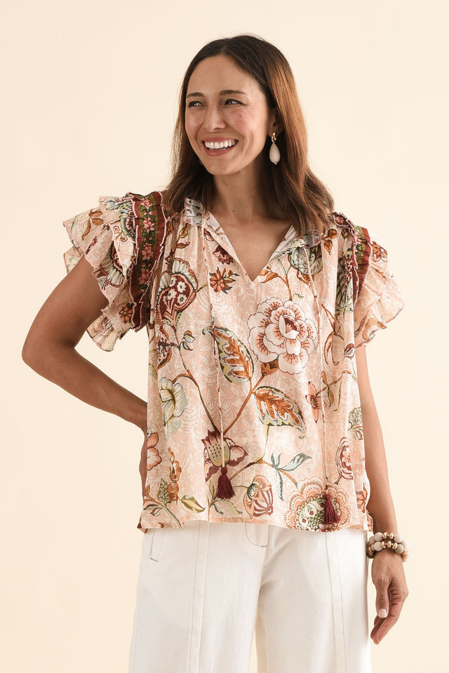 Sorrae Beige Floral Cotton Ruffle Top,Front,Brunette model,alt text|model:Cara image 1
