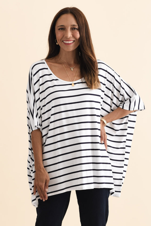 Sorronda White Stripe Bamboo Batwing Top,Brunette model,alt text|model:Cara