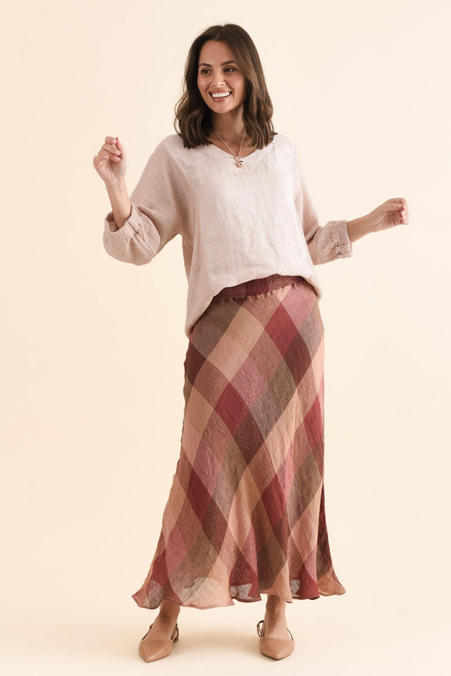 Sottana Brown Check Linen Maxi Skirt,Full Body,Brunette model,alt text|model:MJ