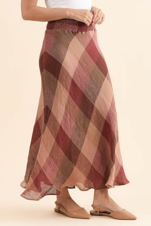 Sottana Brown Check Linen Maxi Skirt,Side,Brunette model,alt text|model:MJ image 3