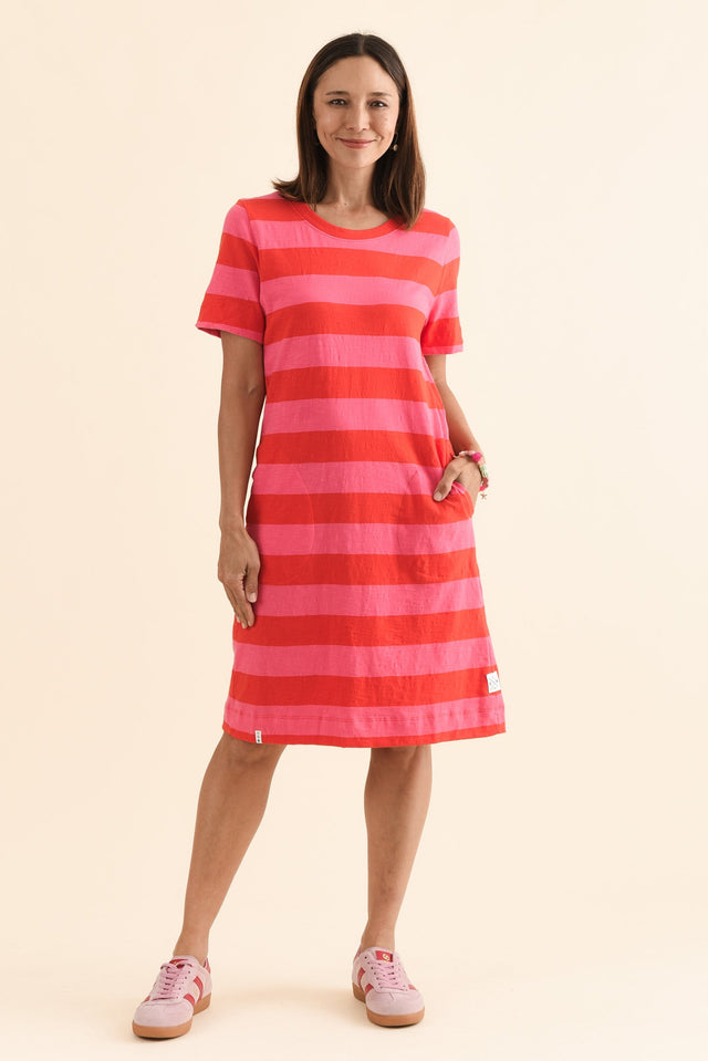 Spritz Pink Stripe Cotton Tee Dress,Front,Brunette model,alt text|model:Cara