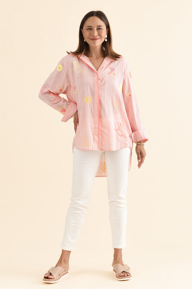 Stacey Pink Summer Cotton Embroidered Shirt,Full Body,Brunette model,alt text|model:Cara