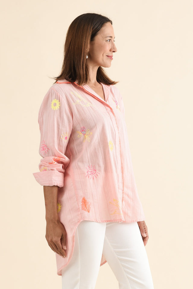 Stacey Pink Summer Cotton Embroidered Shirt,Side,Brunette model,alt text|model:Cara image 3