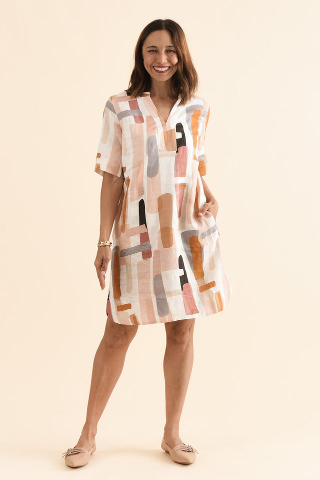 Stafford Cream Abstract Linen Dress,Front,Brunette model,alt text|model:Cara