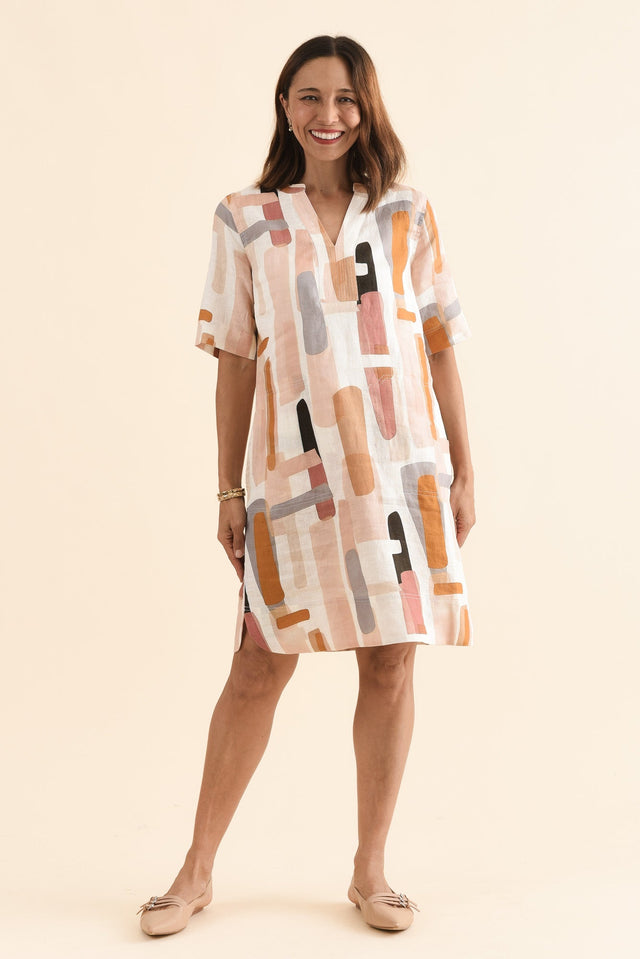 Stafford Cream Abstract Linen Dress,Full Body,Brunette model,alt text|model:Cara image 2