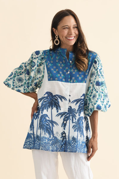 Stalone Blue Tropical Cotton Blouse
