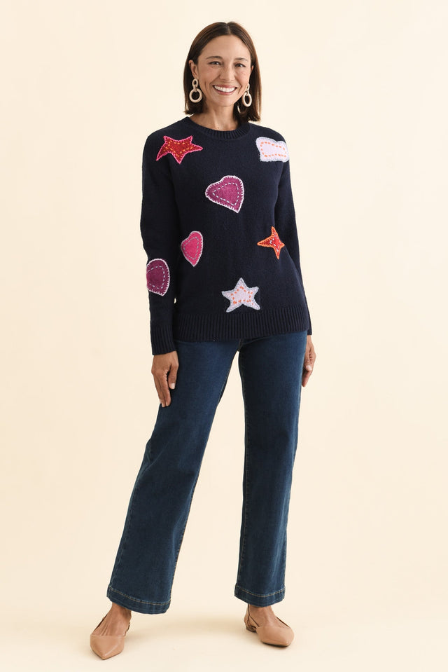 Starla Navy Patchwork Knit Jumper,Brunette model,alt text|model:Cara image 6